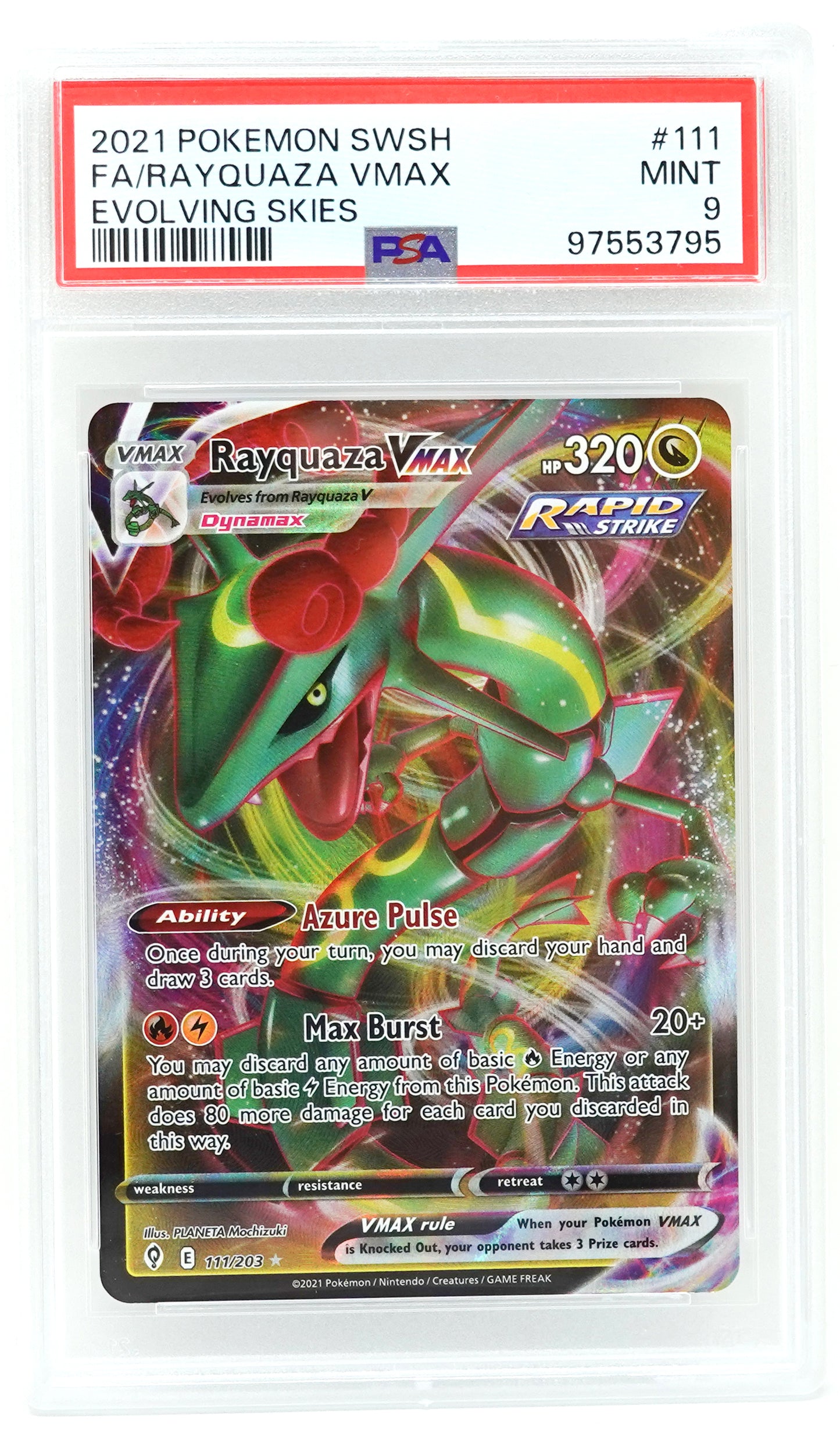 2021 POKEMON SWORD & SHIELD EVOLVING SKIES #111 FA/RAYQUAZA VMAX EVOLVING SKIES PSA 9